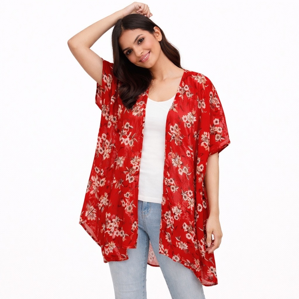 LOFT Kimono Wrap XS/S Red Floral Print